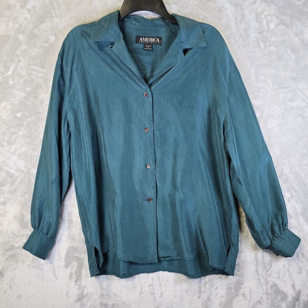Perry Ellis America 100% Silk Collared Button-Front Blouse Blue Green Small